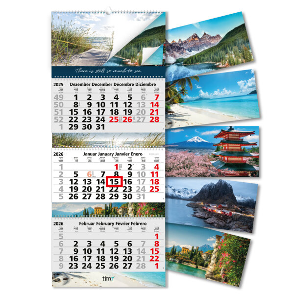 Timr 3-Monatskalender 2026 Bilder - Wandkalender 3 Monate mit Schieber zum Aufhängen - Bildkalender 6 Motive zum wechseln - 81 cm - mehrsprachig D GB F E - tr336