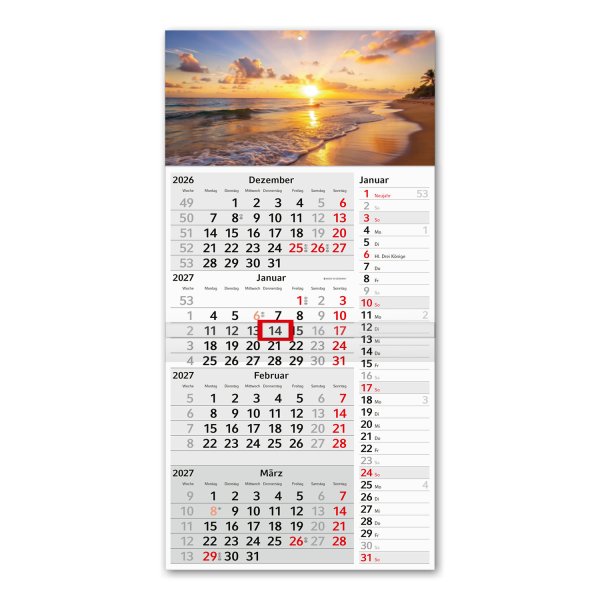 Timr 4-Monatskalender Streifenkalender 2027 - Wandkalender 4 Monate mit Schieber - 60 cm Viermonatskalender zum eintragen I Motiv Sonnenuntergang I tr434