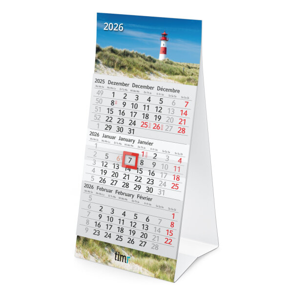 Timr Tischkalender 2026 klein zum Aufstellen - 3 Monatskalender mit Schieber - Kalender für Tisch Büro - Motiv Leuchtturm I tr357
