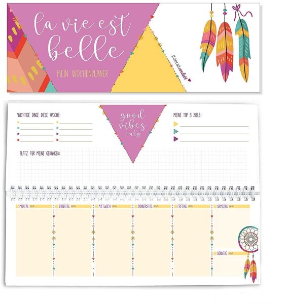 Tischkalender Wochenplaner Jahresunabhängig im Boho Style I 10,5 x 29,7 cm bunt I ohne Datum I 1 Woche 2 Seiten I dv227