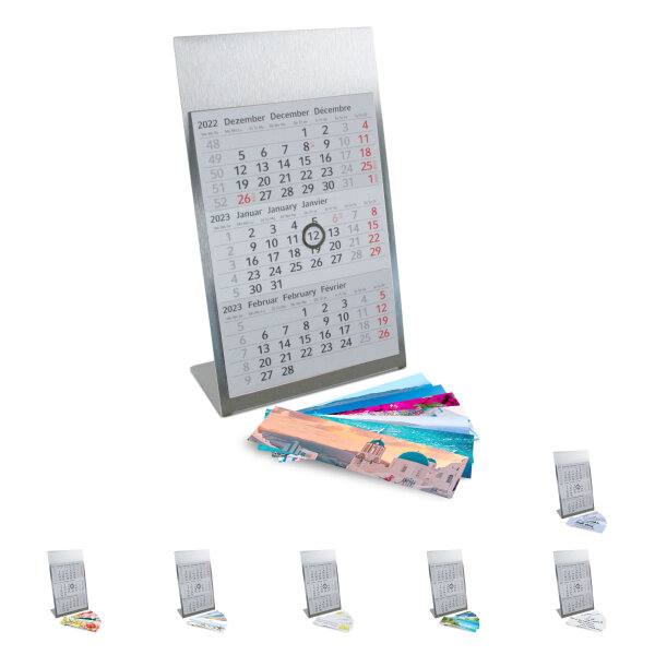 Tischkalender zum Aufstellen I 2-Jahreskalender 2024 - 2025 I je Seite 3 Monate I Hochformat 105 x 230 mm I mehrsprachig D/GB/F I Stahl-Aufsteller mit 7 Magneten