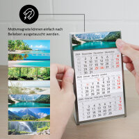 Timr Tischkalender zum Aufstellen aus Edelstahl I Landschafts-Motive I Für 2 Jahre 2027/2028 I 3-Monats-Kalender Block Magnet I Mehrsprachig D/GB/F I Silber matt klein I tr082