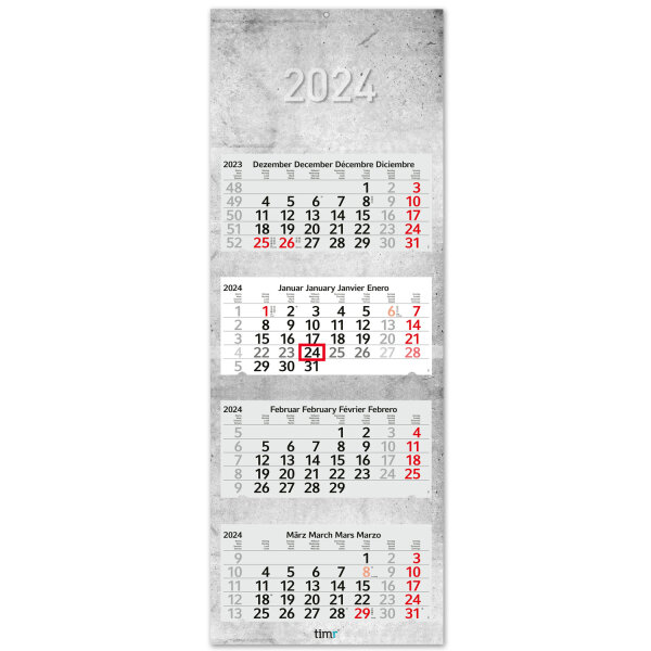 4-Monatskalender 2024 Beton I Wandkalender 4 Monate I 33 x 90 cm I mehrsprachig I Jahresplaner mit Schieber Mehrblatt-Kalender I tr_208