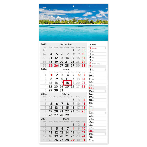 4-Monatskalender 2024 Karibik mit Streifenkalender 4 Monate Übersicht I 30 x 60 cm I Wandkalender I Jahresplaner mit Schieber I tr_169