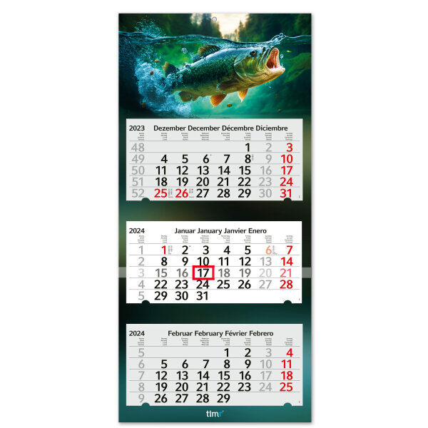 3-Monatskalender 2024 Fisch I Wandkalender 3 Monate I 33 x 70 cm I mehrsprachig Jahresplaner mit Schieber I Schwarz-Barsch I tr_179