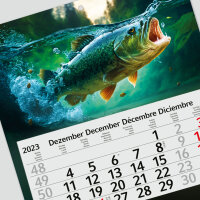 3-Monatskalender 2024 Fisch I Wandkalender 3 Monate I 33 x 70 cm I mehrsprachig Jahresplaner mit Schieber I Schwarz-Barsch I tr_179
